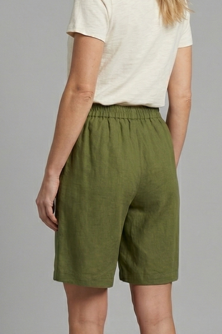 Back view mid-length casual shorts displayed on female model