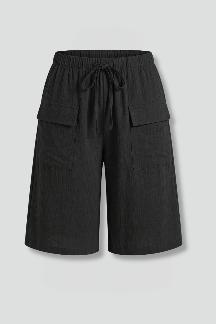 Elastic waist shorts, full front with gray background