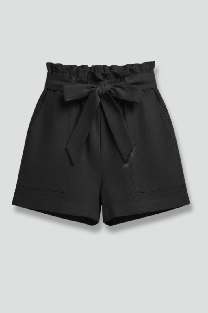 Front view of high waist shorts on plain gray background