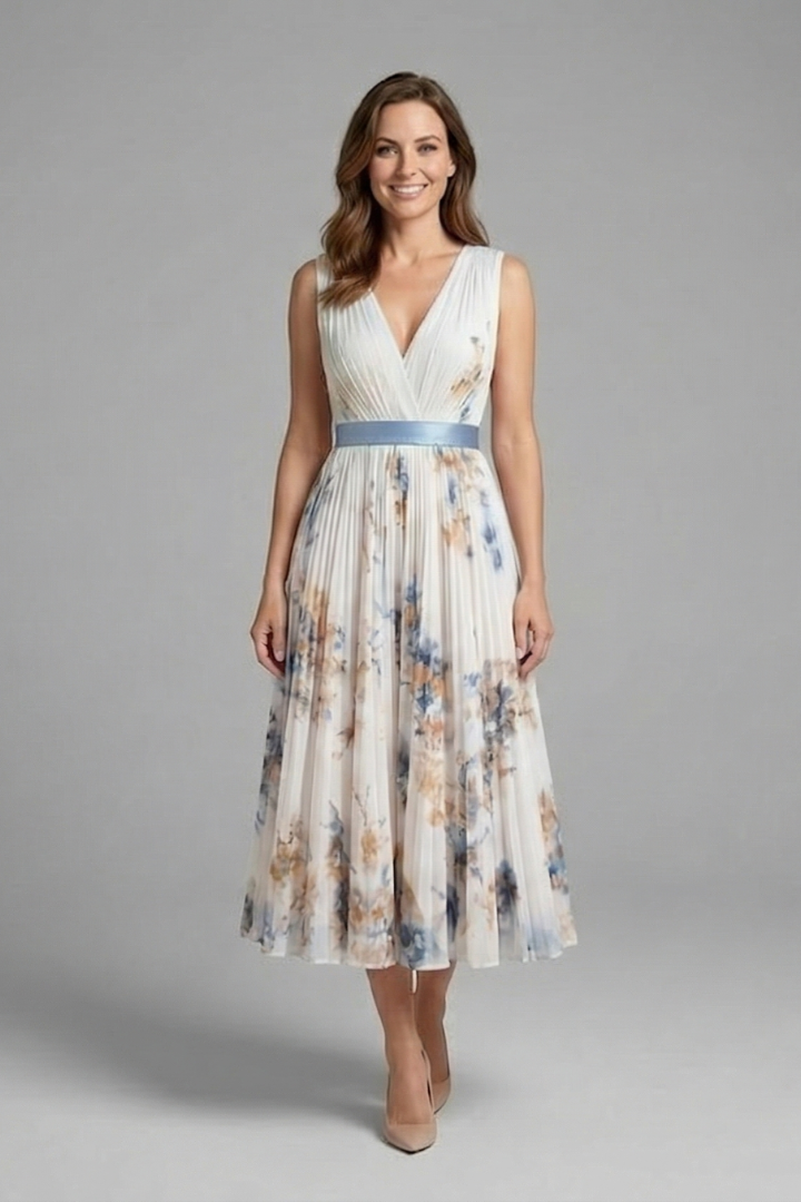 Full length dress view woman in heels on plain gray background