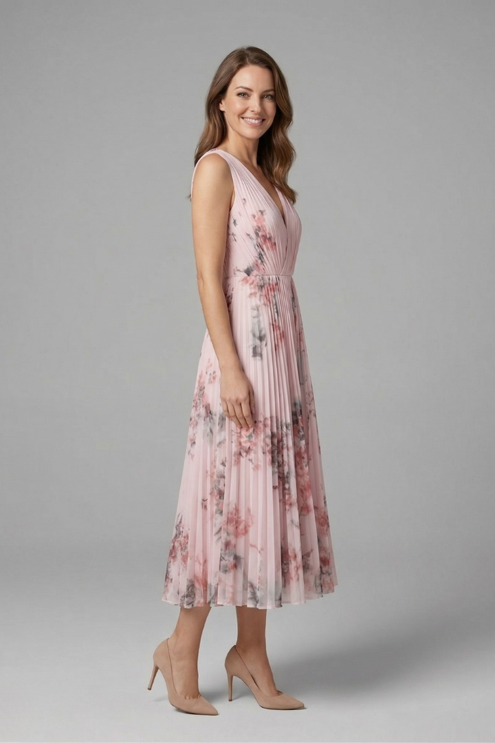 Side angle model wearing printed pink midi dress