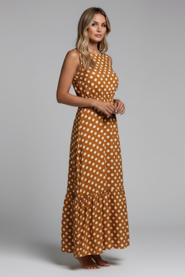 Female model side angle showing asymmetric hem long dress gray