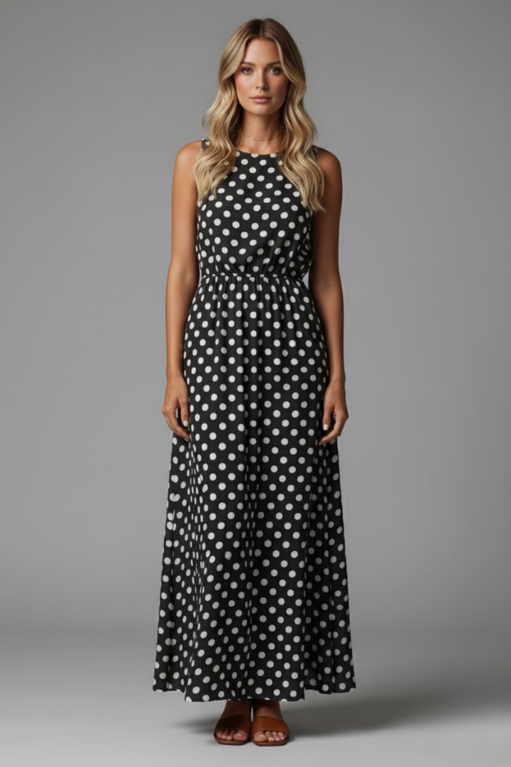 Woman back angle showing clean silhouette maxi dress gray background