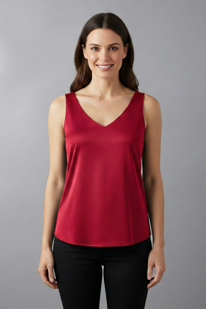 Studio photo of navy sleeveless casual red blouse