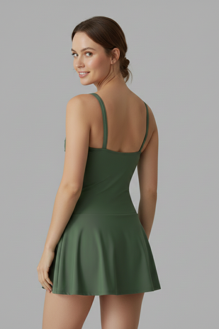 Back view one-piece swimdress on gray background