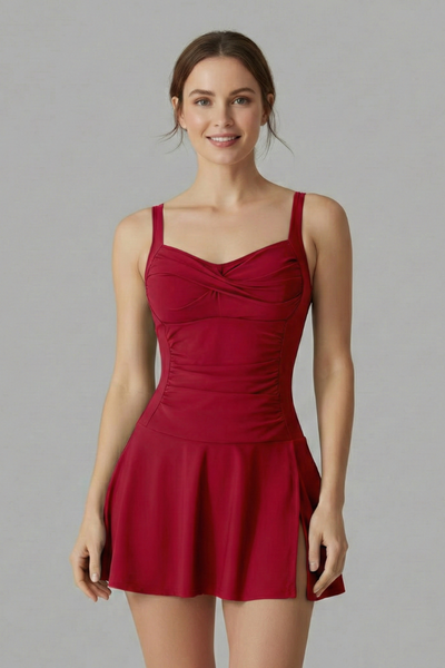 Flared hem red swimdress front view gray backdrop