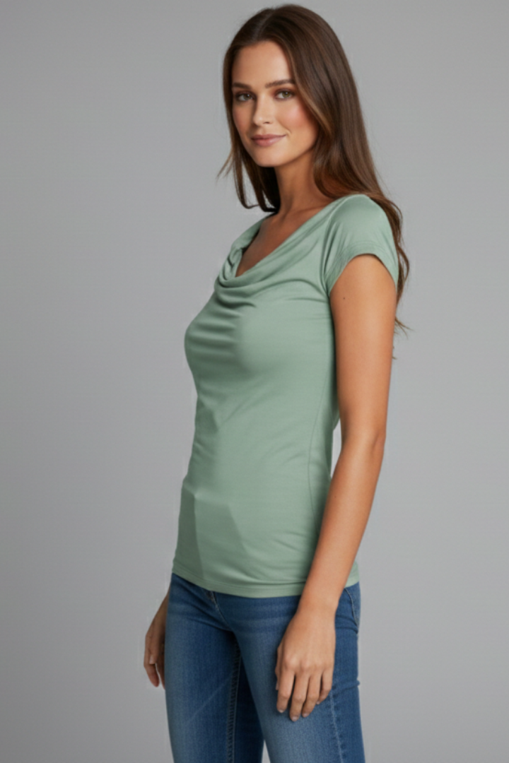 Side angle model in green T-shirt