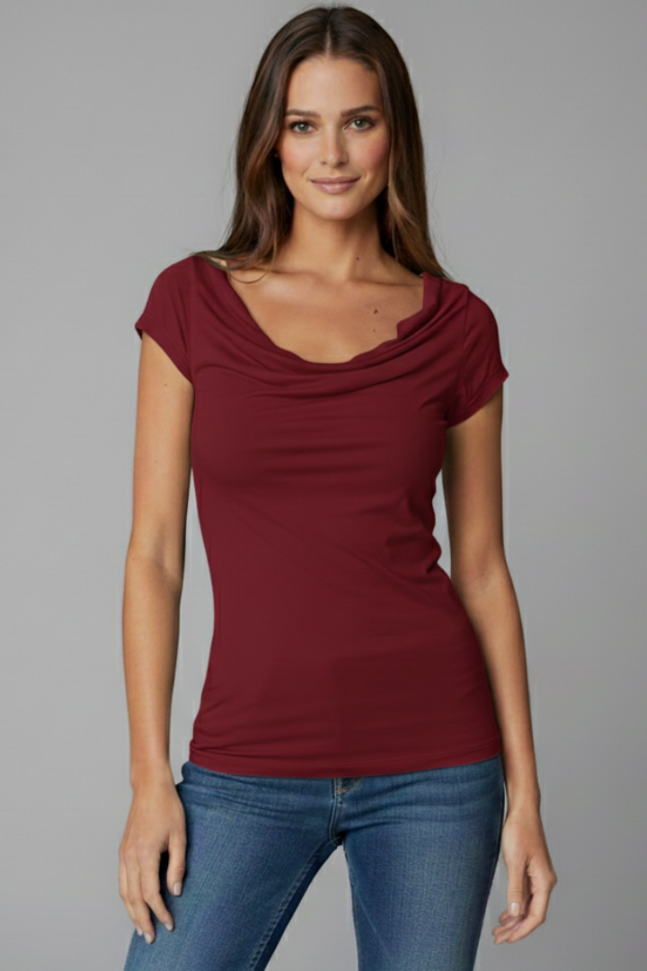 Simple women's red T-shirt with stylish neck folds grey background