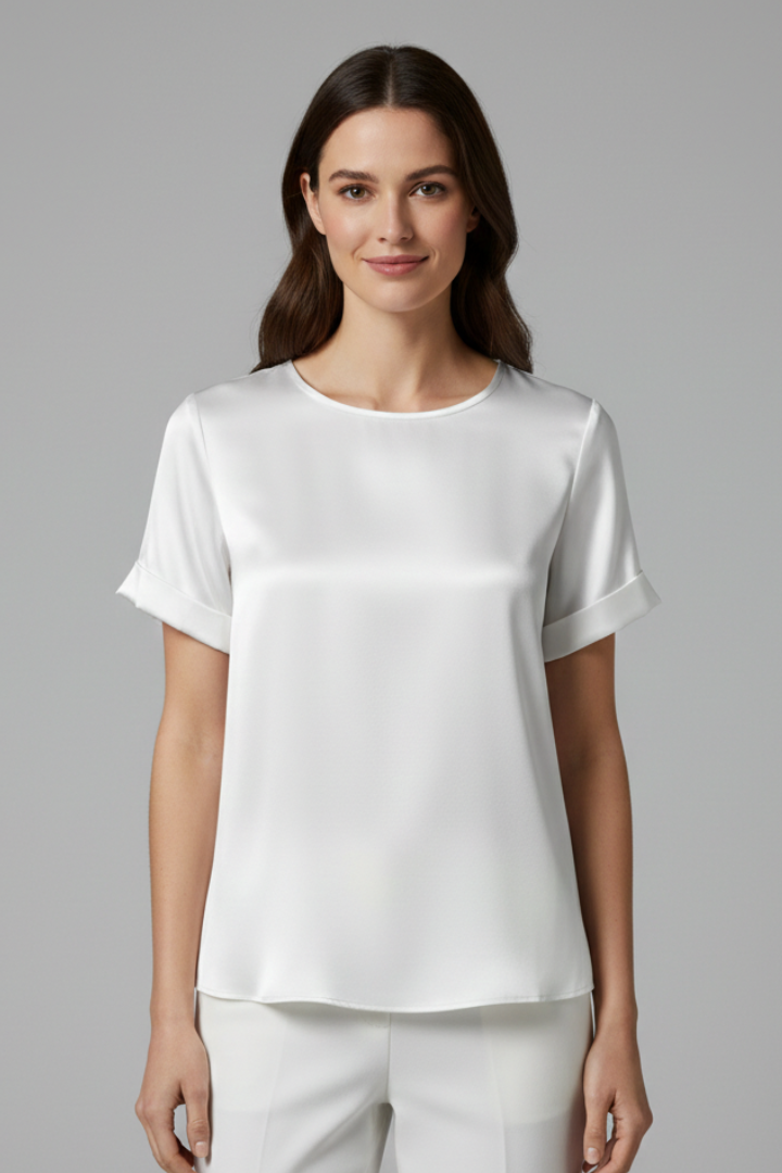 Model in short sleeve white top front product image