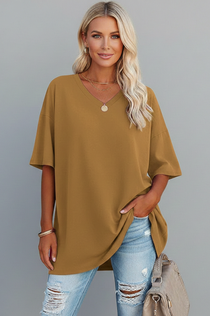 Brown short sleeve v-neck top wear by female model