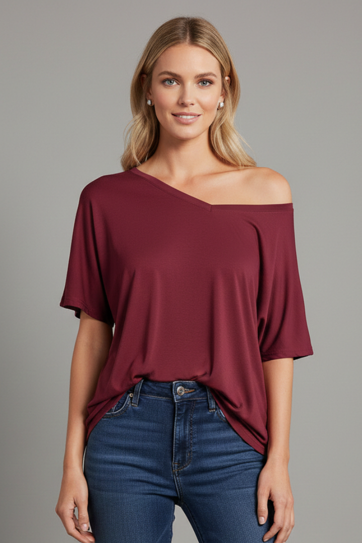Red loose top front angled view gray background