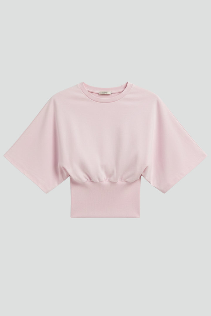 Round neckline cropped pink shirt product display image