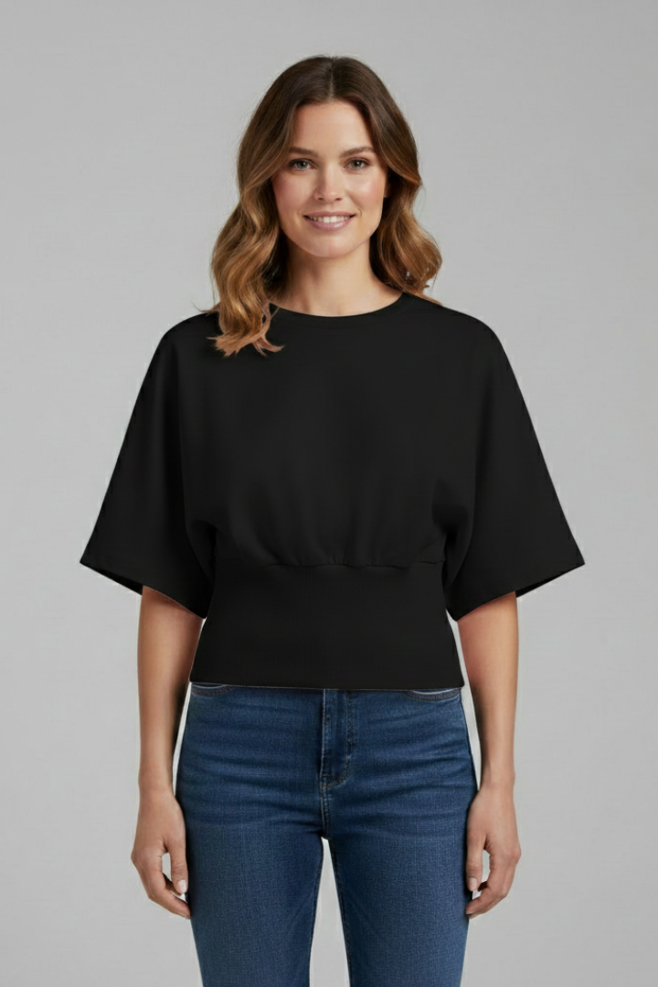 Modern cropped black top front photo gray backdrop