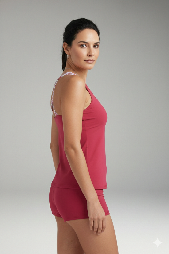 Woman wearing scoop neckline tankini side pose