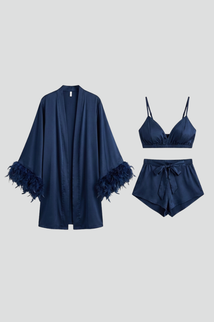 Front angle in coordinated sleepwear on gray background