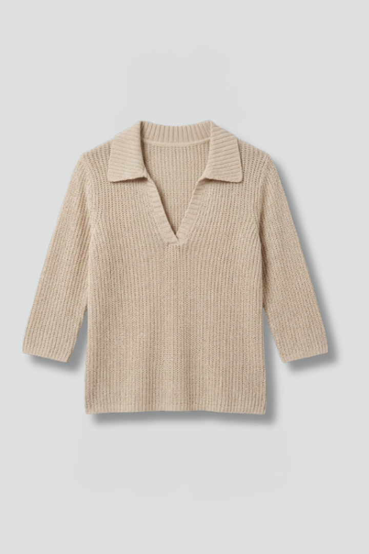 Neutral knit blouse with three-quarter sleeve style front solo product image