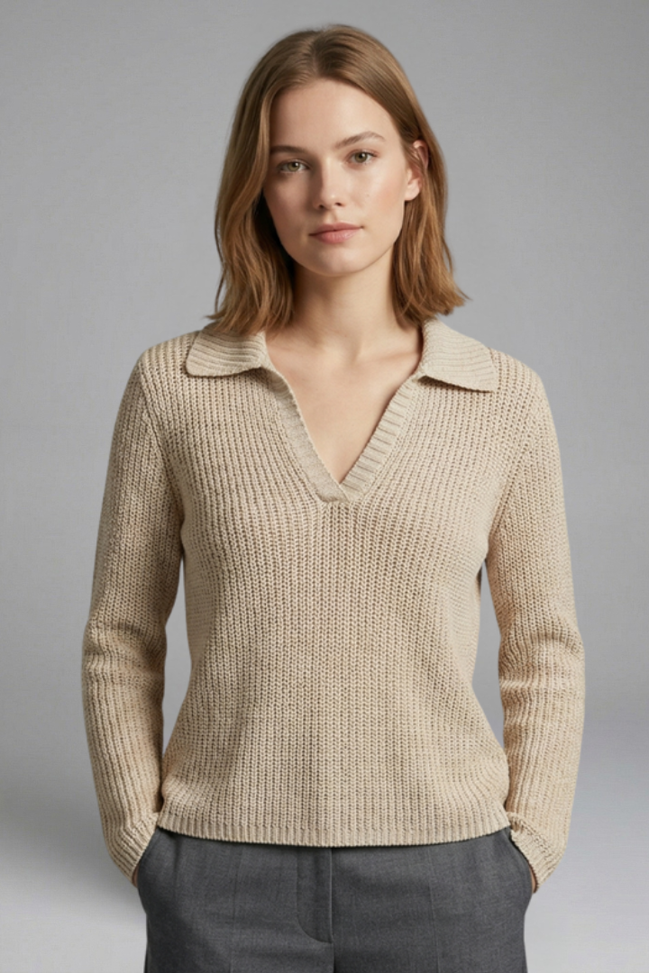 Women’s knitted top front view on grey background