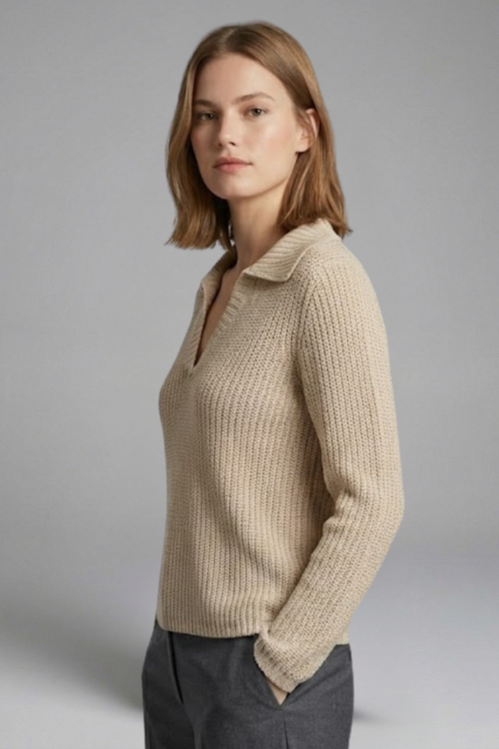 Plain knit blouse with open neckline side angle