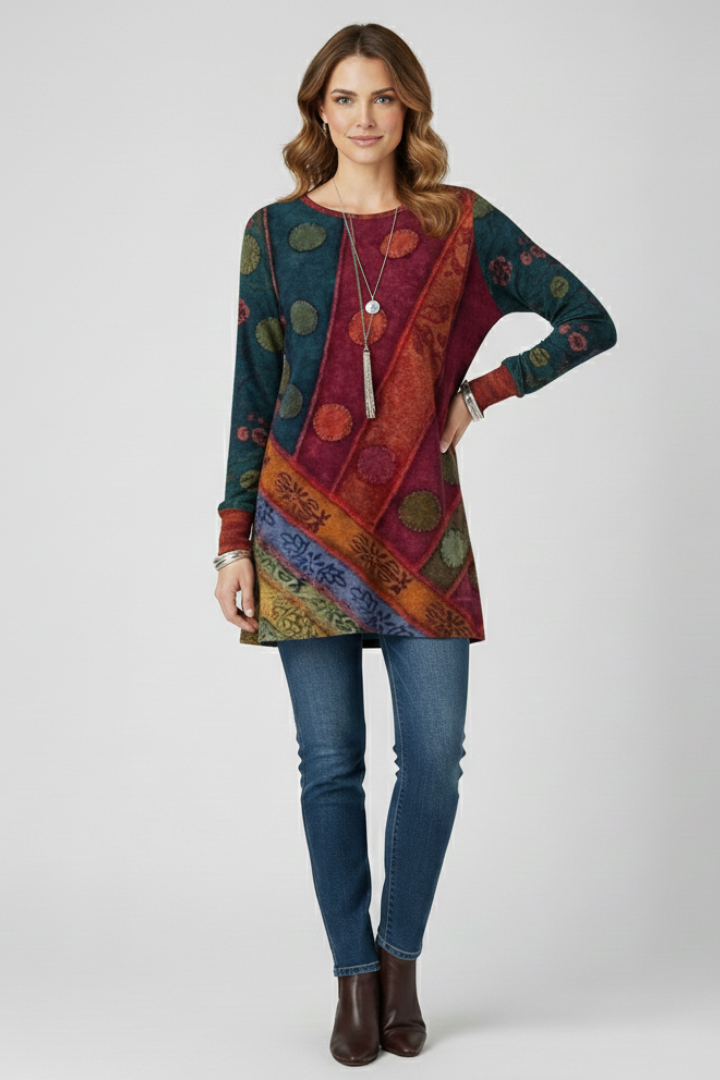 Model wearing patchwork blouse with straight extended hem