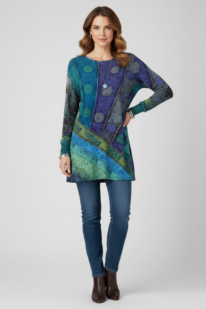 Front view multicolour patchwork tunic on white background