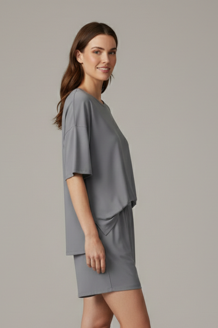 Side angle relaxed top shorts gray background