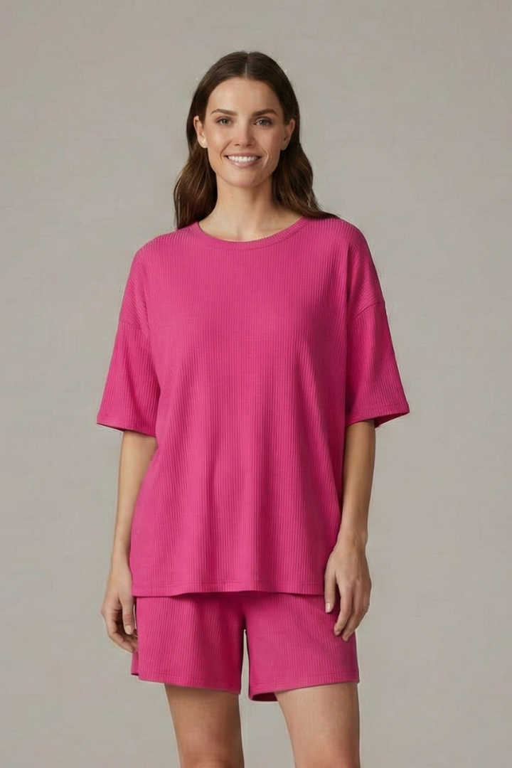 Model straight angle casual outfit set on gray background