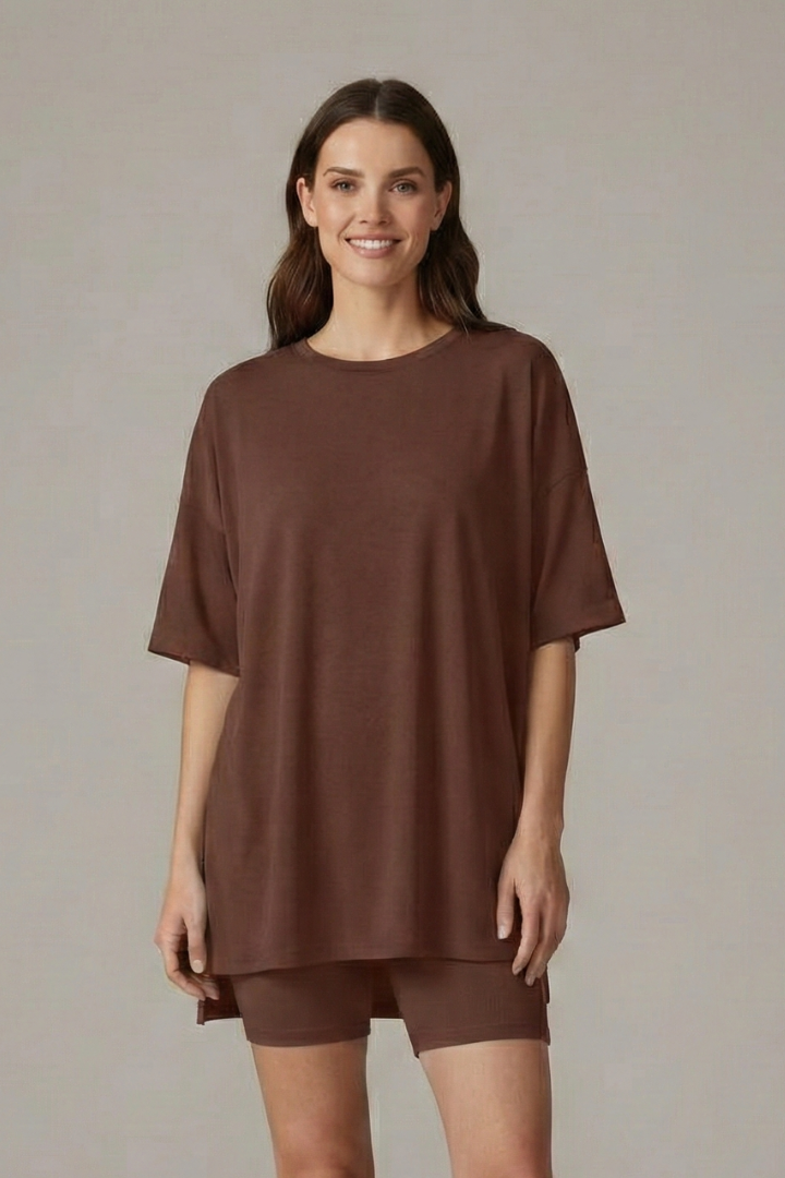 Model front pose outfit gray background
