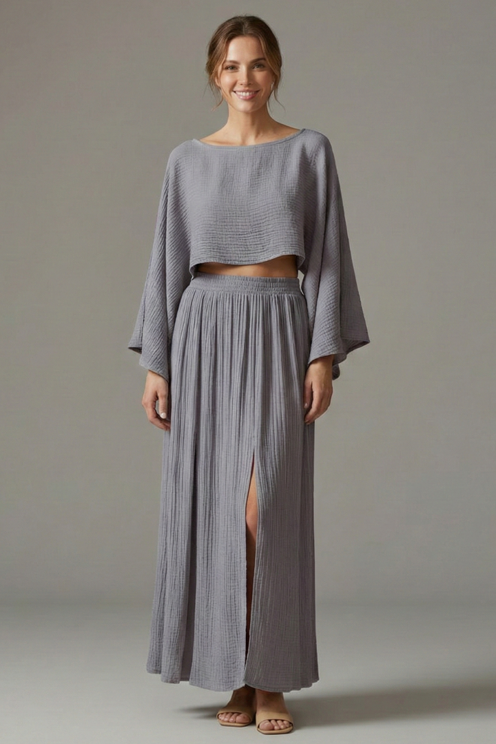 Model showcasing textured gay two piece look
