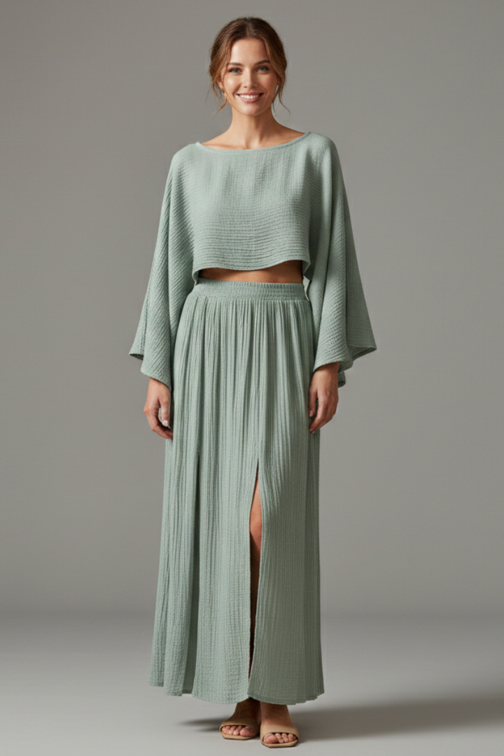 Model wearing textured crop top and slit skirt