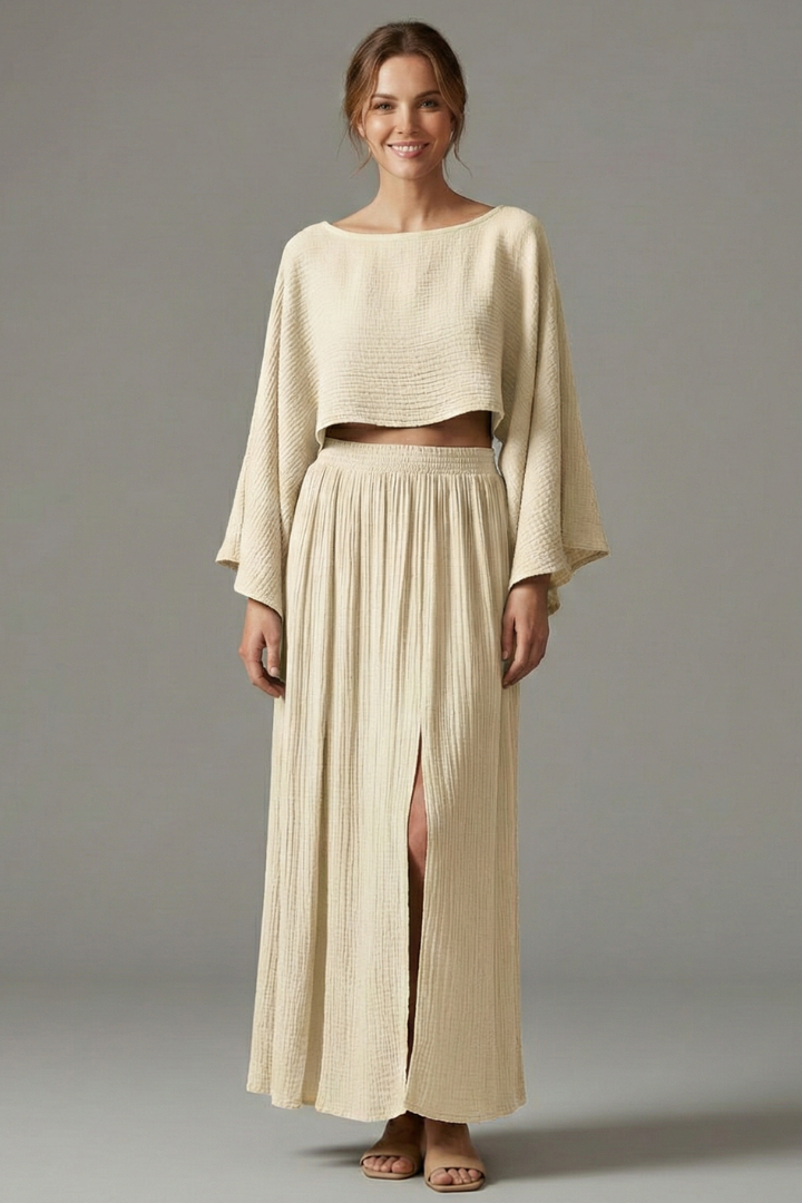 Fashion model white posing in textured co ord