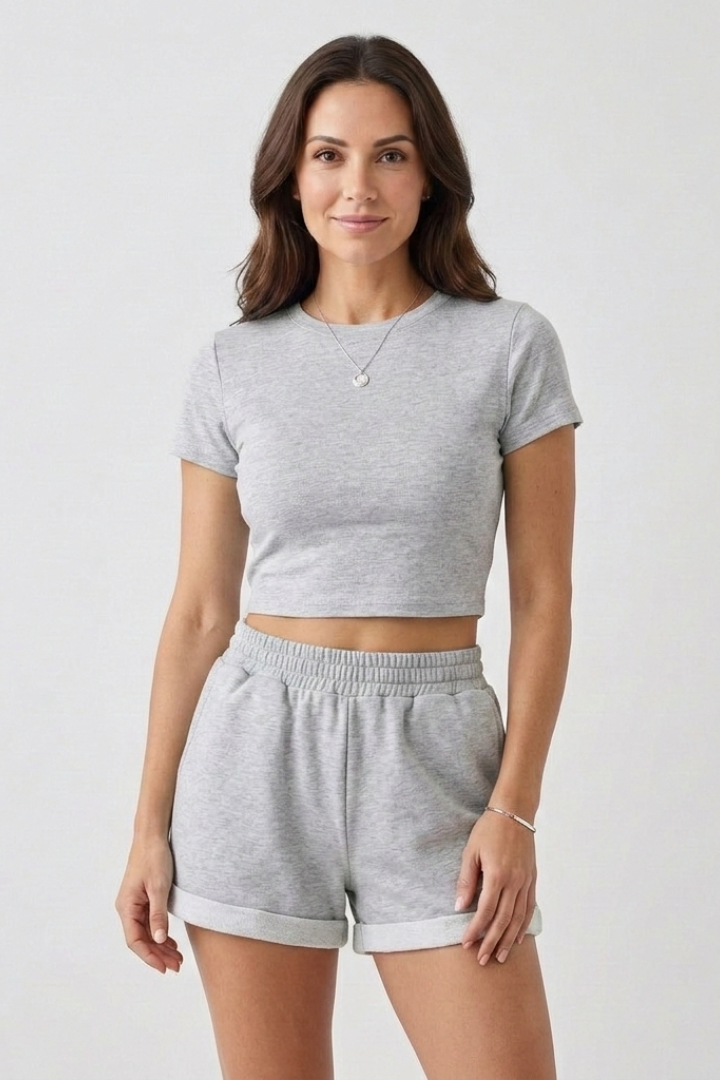 Fashionable women’s matching set front studio angle