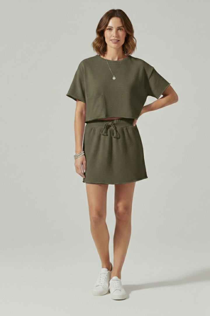 Front standing pose of complete set wearing by female model