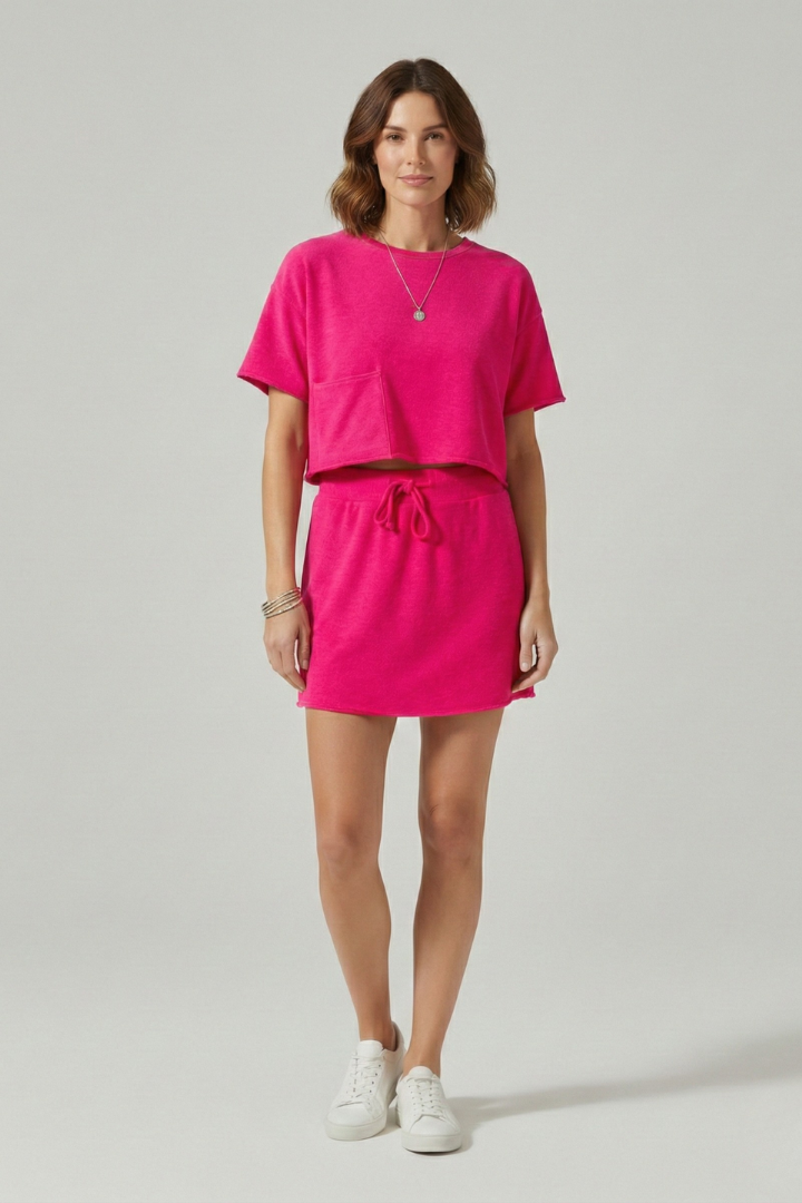 Model showing elastic waistband skirt front angle