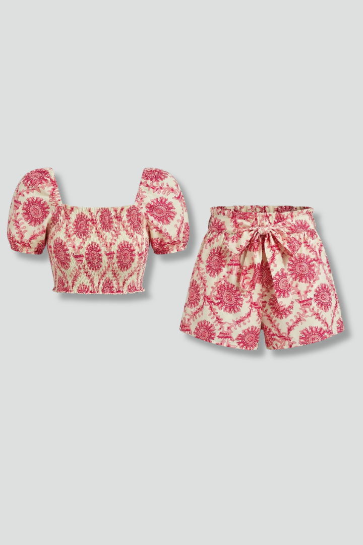  Floral crop top and shorts on plain background