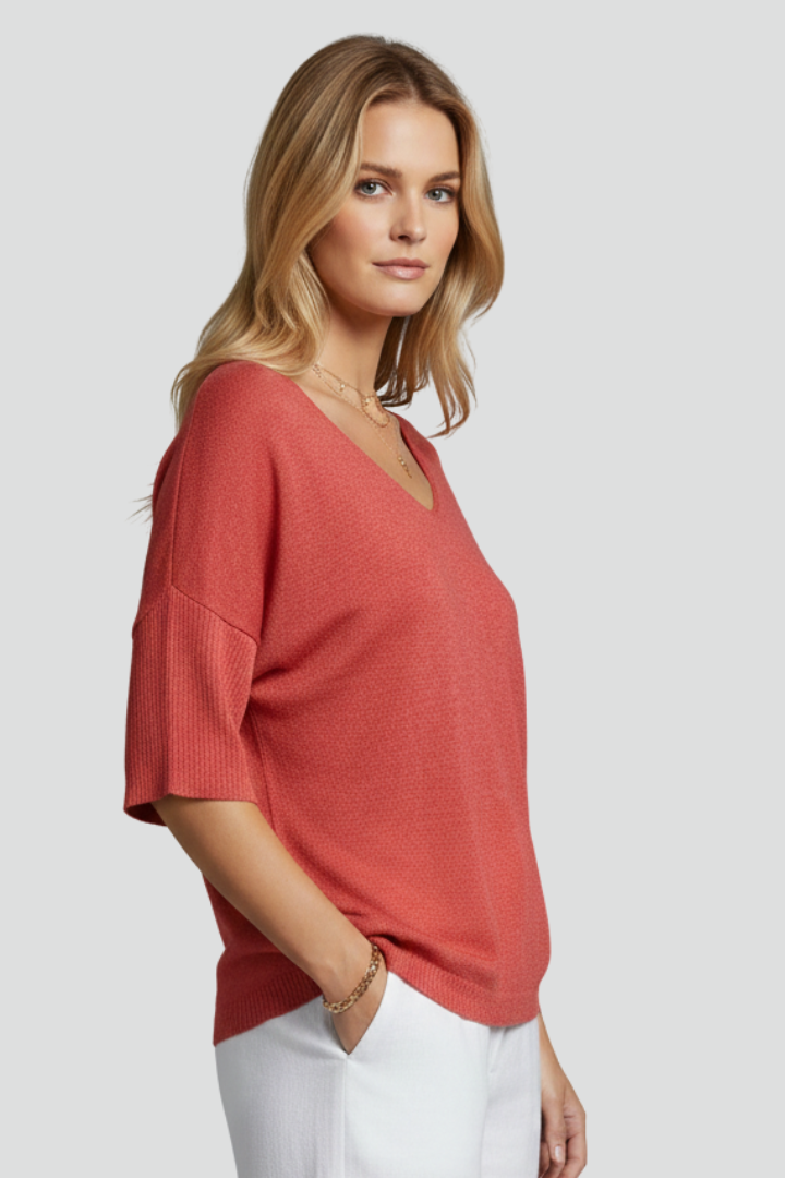 Side angle relaxed red blouse with short wide sleeves