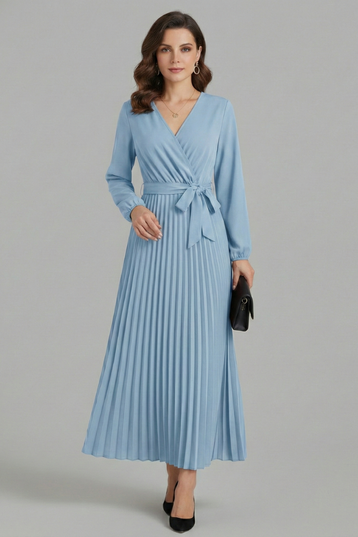 Model front pose pleated maxi blue dress 