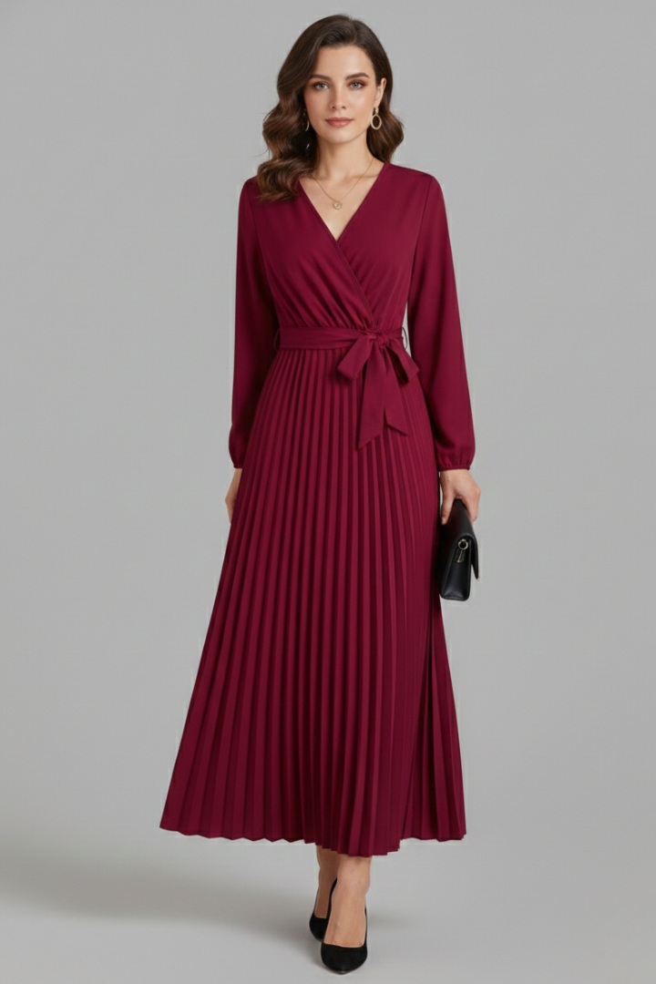Model wearing pleated maxi dress front view gray