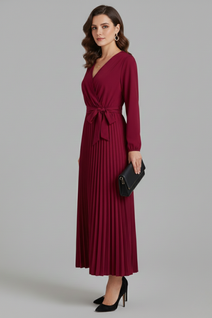 Model side view pleated red maxi dress gray background