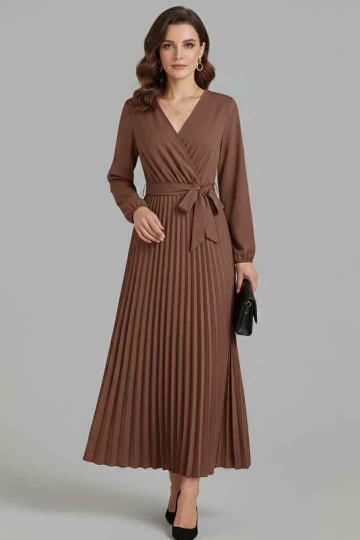 Model angled pose pleated khaki maxi dress 