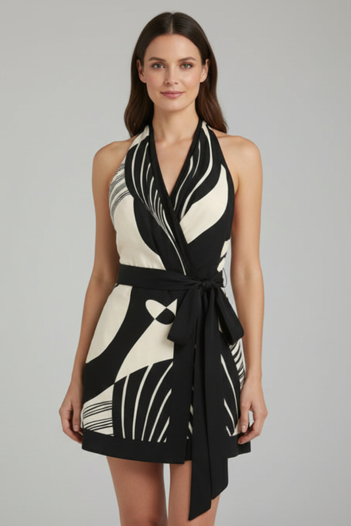 Woman wearing patterned halter mini dress front view on gray background.