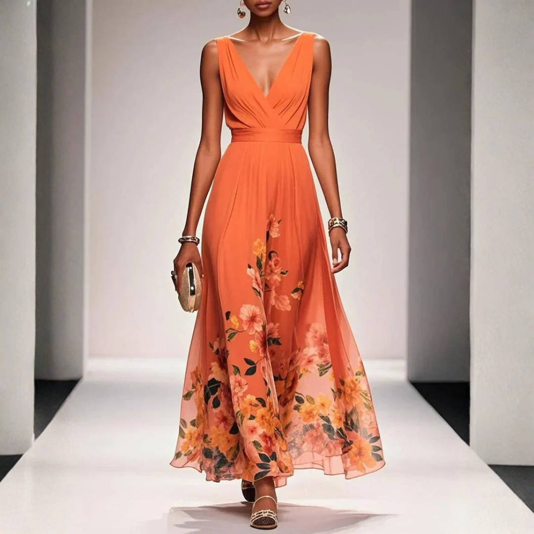 Female wearing a sleeveless floral-inspired maxi dress on a plain background.