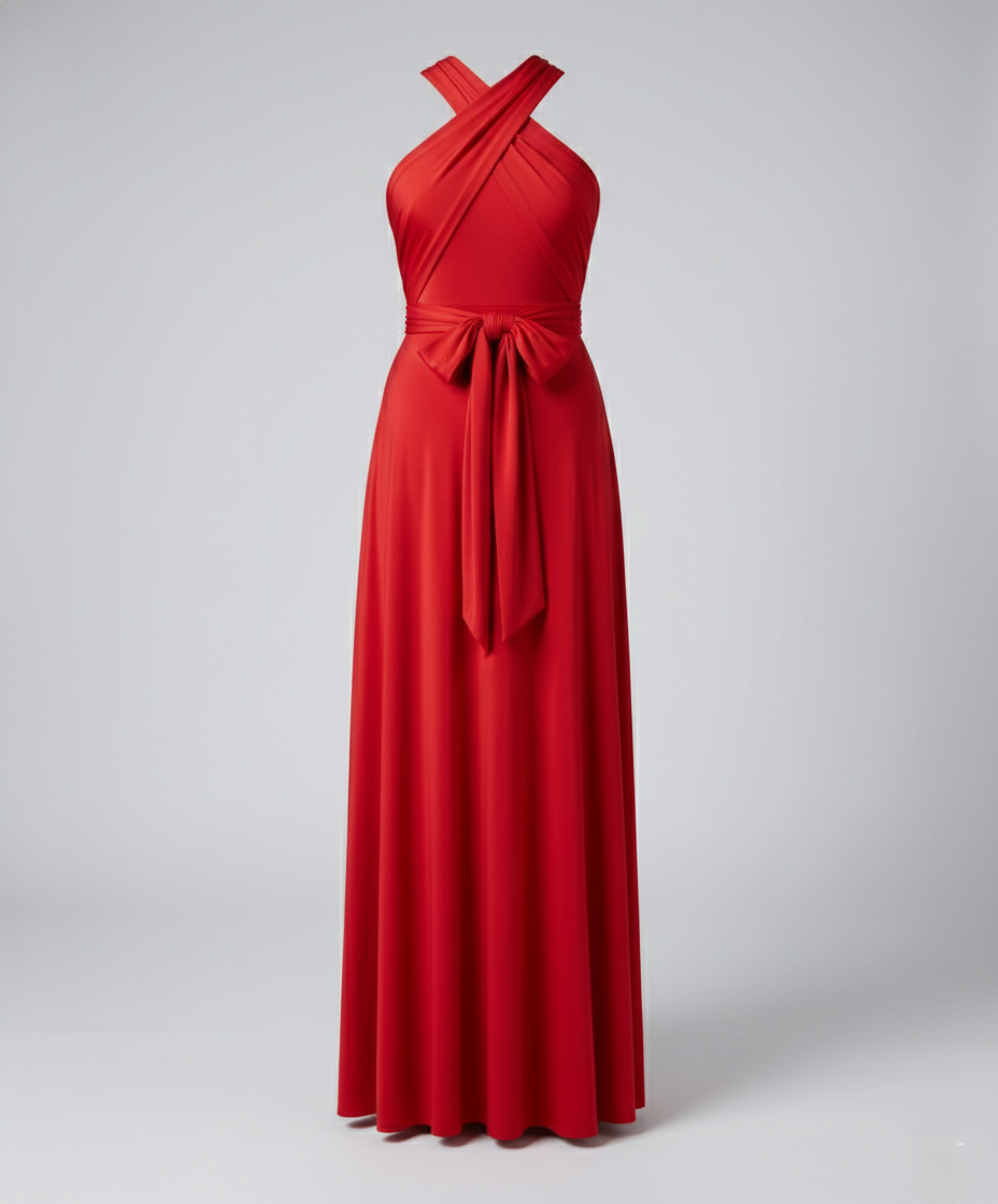  formal wrap dress with soft drape and open neckline on a plain background.