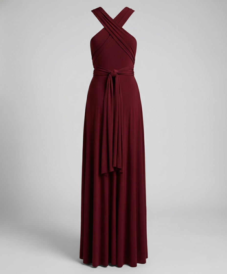Convertible floor-length dress with tied wrap straps against a plain background.