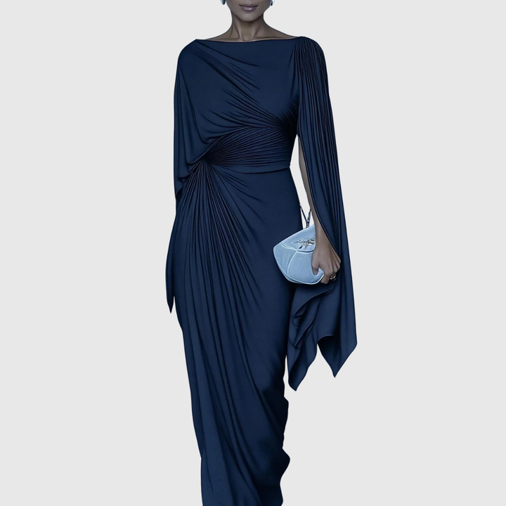 Female model showcasing an elegant formal gown with draped fabric and fitted silhouette.