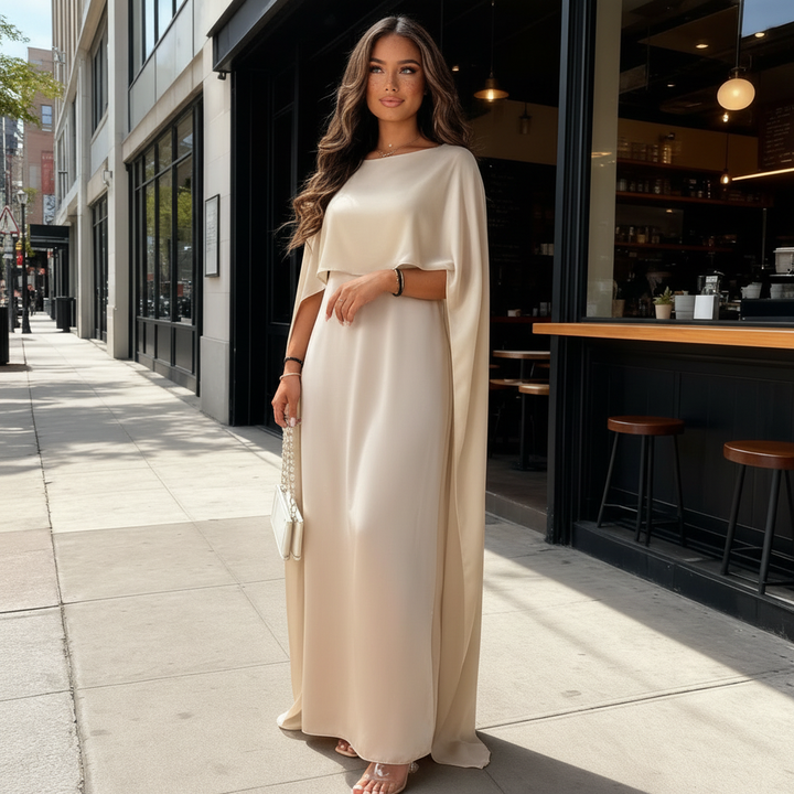 Female wearing a flowing cape maxi dress on a plain background.