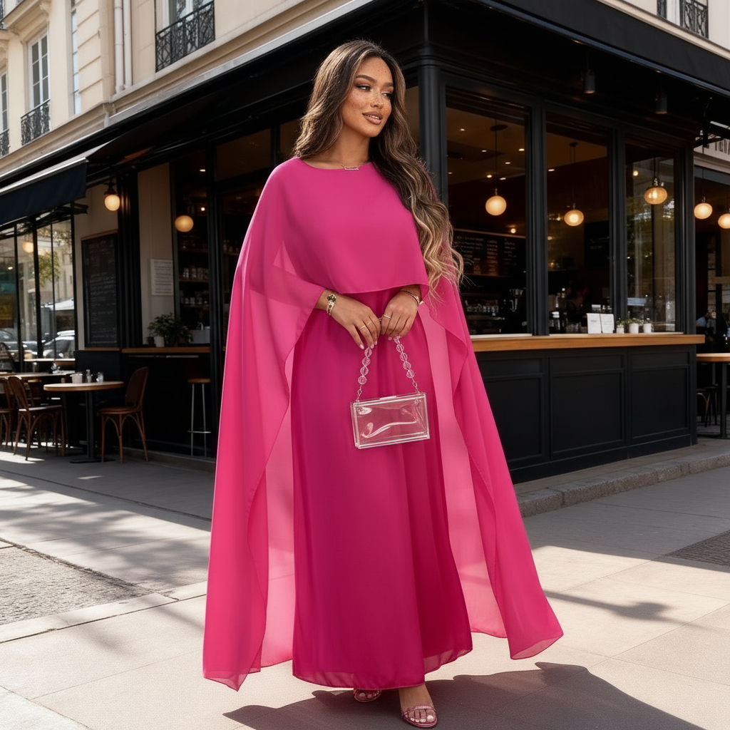 Model wearing a sleek formal gown with fluid drape on a plain background.