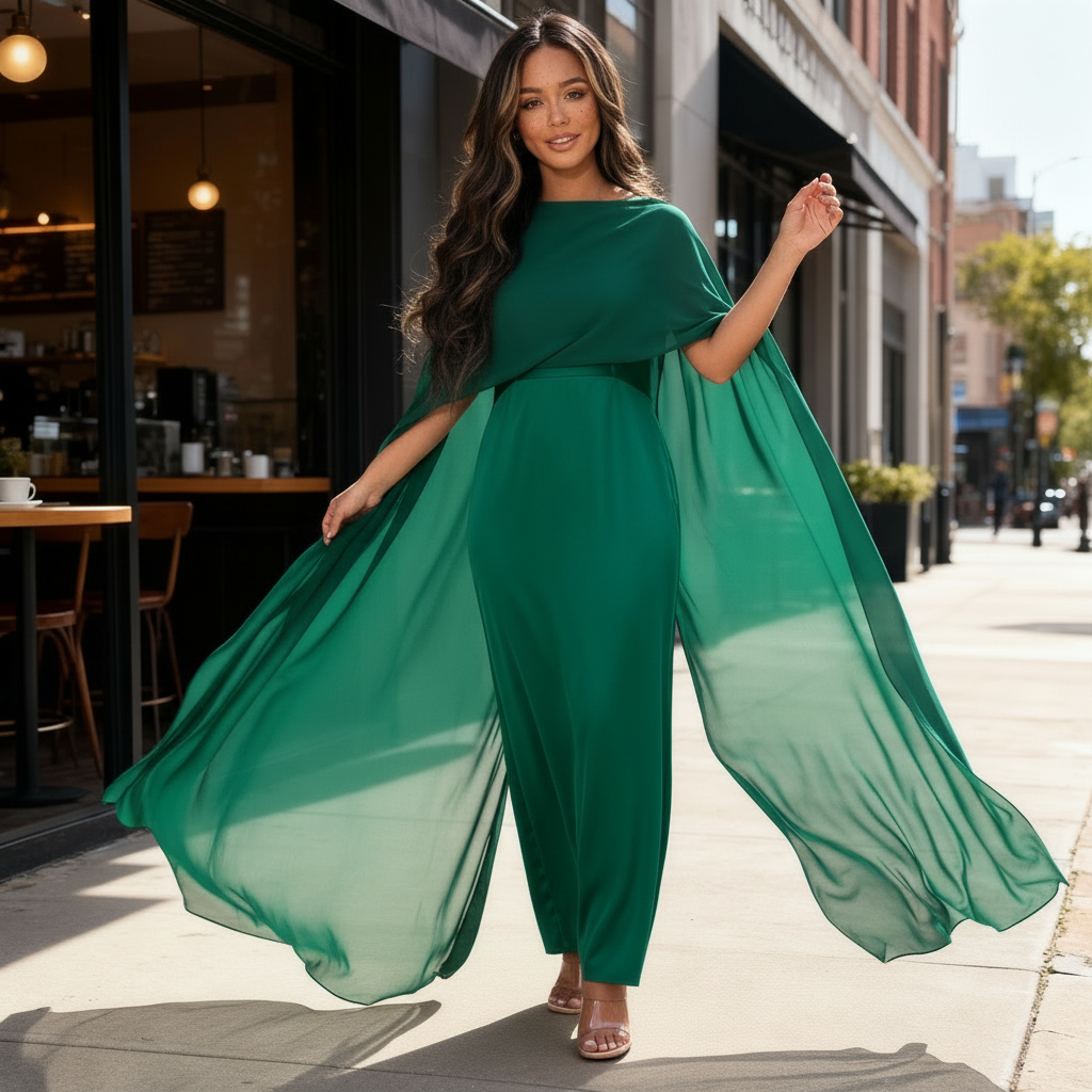 Woman showcasing a flowing formal gown with layered cape detail on a plain background.