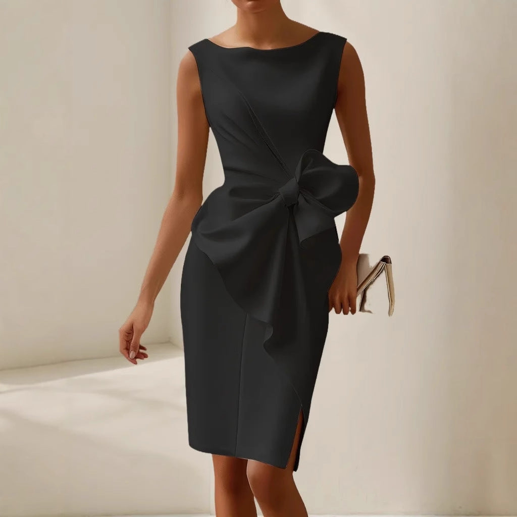 Woman wearing an elegant sleeveless midi dress with a structured silhouette against a plain background.