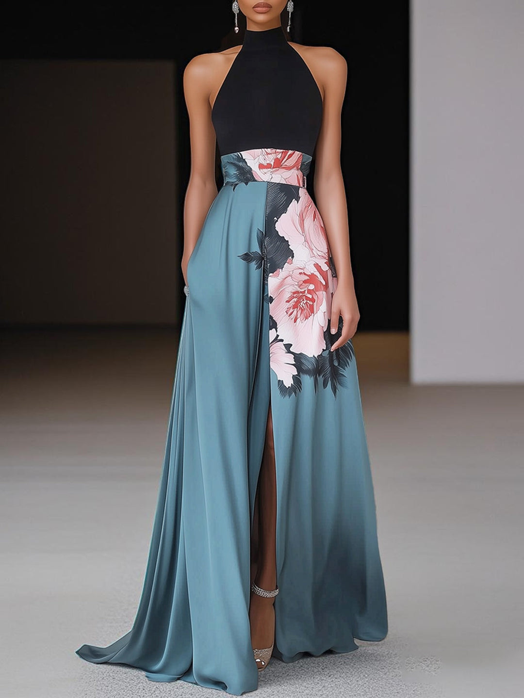 Model wearing flowing floral maxi dress front view plain background