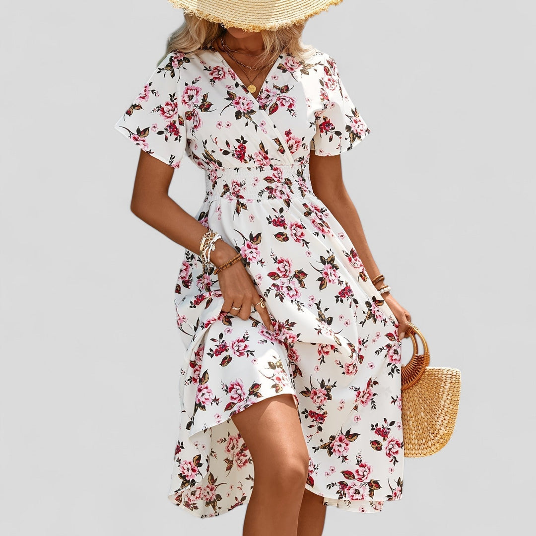 White midi dress with pink floral scattered print